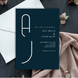 Invitación Modern Matte Monogram Minimal Wedding Navy Blue