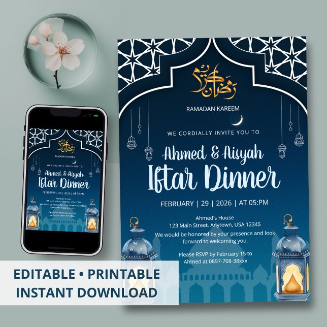 Invitación Modern Midnight Blue & Gold Lantern Iftar (Subido por el creador)