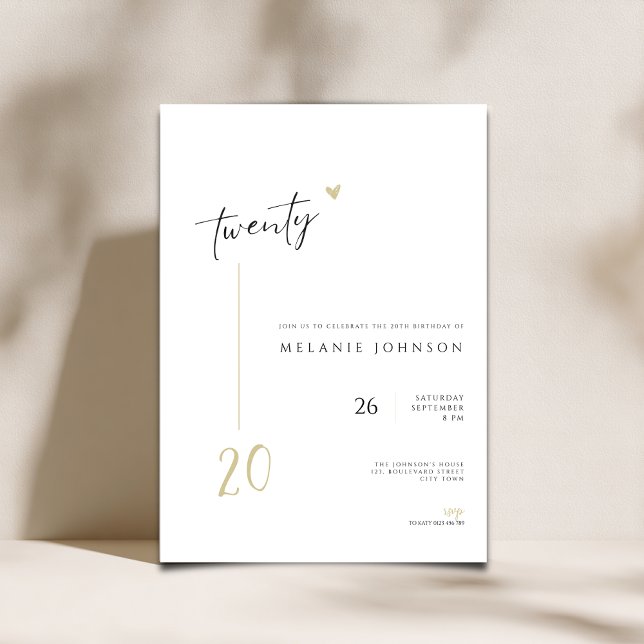 Invitación Modern Minimal 20th Birthday Party Invitation (Minimal Modern 20th birthday invitation with handwritten typography.)
