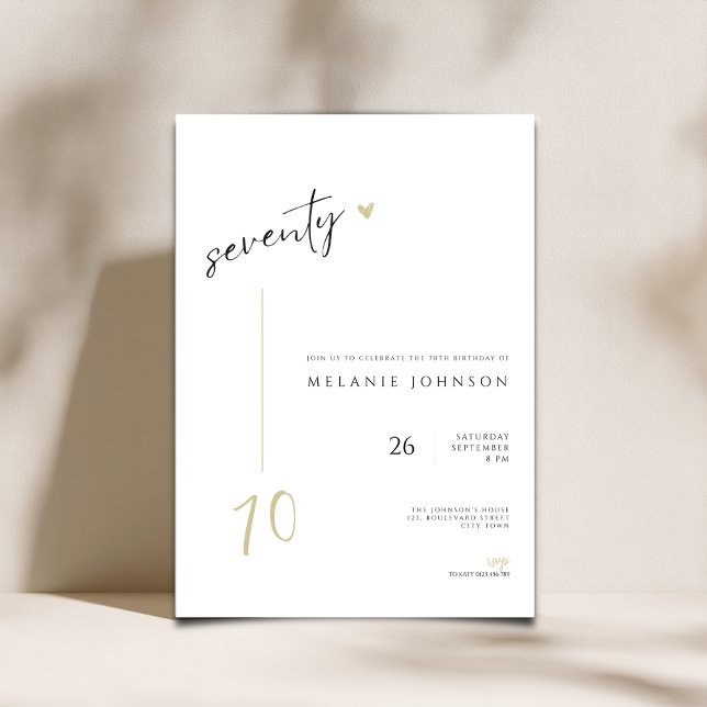 Invitación Modern Minimal 70th Birthday Party Invitation (minimalist 70th birthday invitation with handwriting typography.)