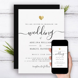 Invitación Modern Minimal Calligraphy Gold Heart Boda
