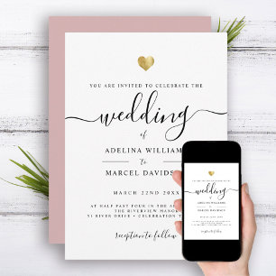 Invitación Modern Minimal Calligraphy Gold Heart Boda