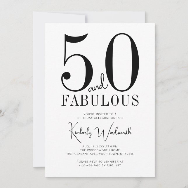 Invitación Modern Minimal Fifty and Fabulous 50th Birthday (Anverso)