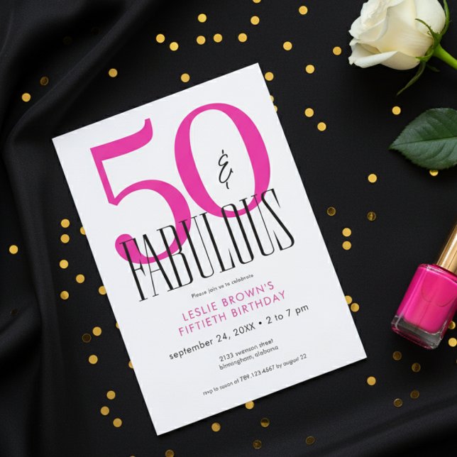 Invitación Modern Minimal Fifty Fabulous Bright Pink Birthday (Subido por el creador)