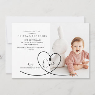Invitación Modern Minimal Heart Boho Foto de primer cumpleaño