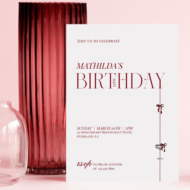 Invitación Modern Minimal Red Burgundy Bow Birthday (Subido por el creador)