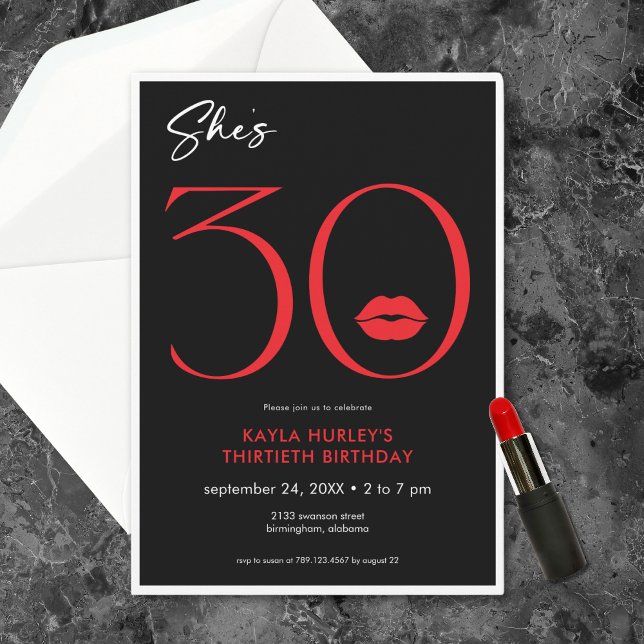 Invitación Modern Minimal Red Lips ella cumple 30 años (Modern Minimal Red Lips She's Thirty Birthday Invitation)