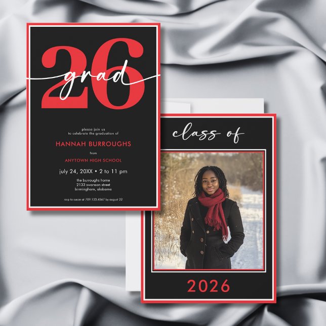 Invitación Modern Minimal Red Script Graduation Party (Modern Minimal Red Script Graduation Party Invitation)