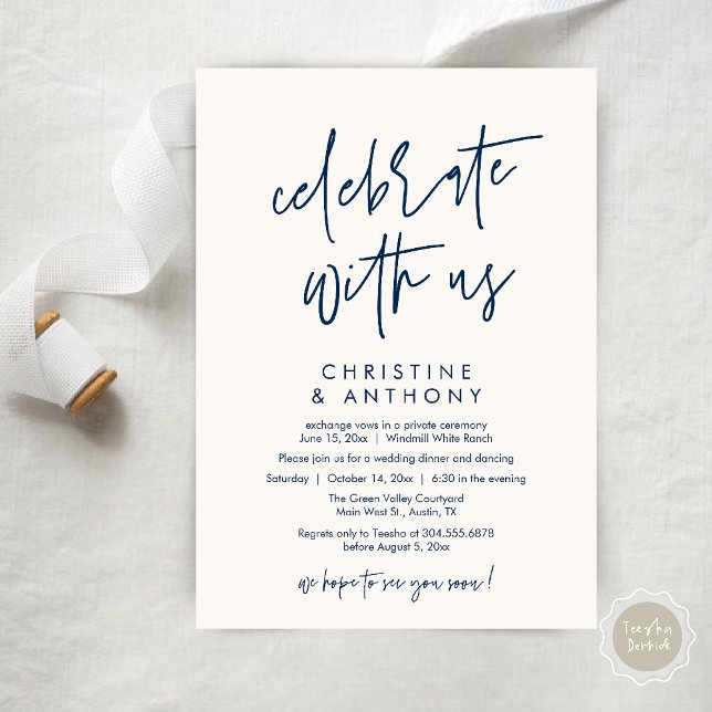 Invitación Modern Minimal Wedding Reception Dinner (Modern Minimal Wedding Reception Dinner Lunch Brunch Invitation Card in Navy Blue and ivory)