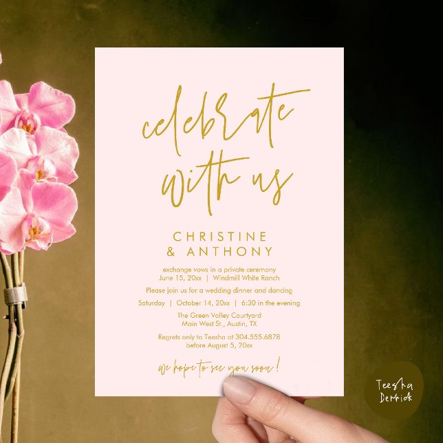 Invitación Modern Minimal Wedding Reception Dinner (Modern Minimal Wedding Reception Dinner Lunch Brunch Invitation Card in yellow gold and Blush)