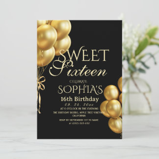Invitación Modern & Minimalism Black Gold Sweet 16 Birthday