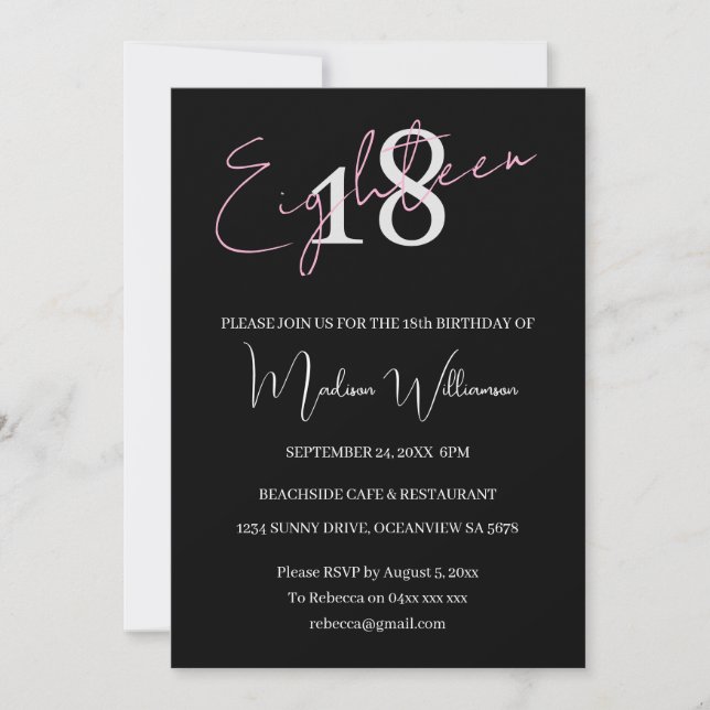 Invitación Modern Minimalist 18 Black Pink Birthday  (Anverso)
