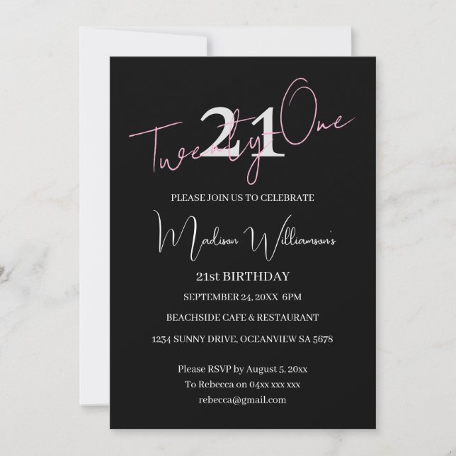 Invitación Modern Minimalist 21st Black Pink Birthday  (Anverso)