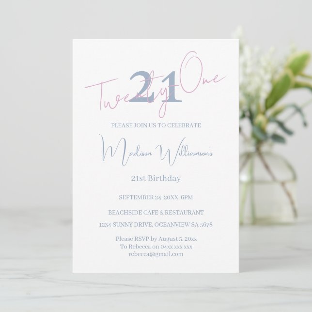 Invitación Modern Minimalist 21st Blue Pink Birthday  (Anverso de pie)