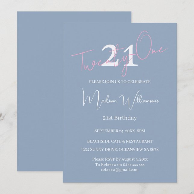 Invitación Modern Minimalist 21st Pink Blue Birthday  (Anverso / Reverso)
