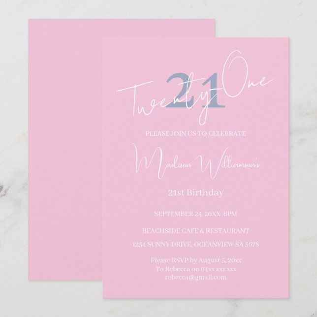 Invitación Modern Minimalist 21st Pink Blue Birthday  (Anverso / Reverso)