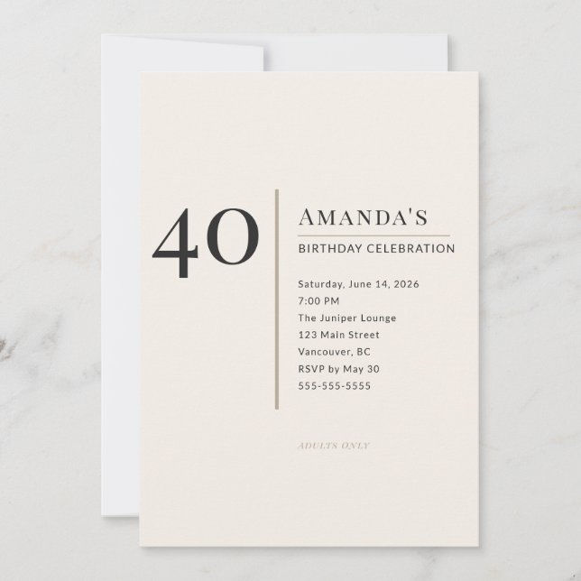 Invitación Modern Minimalist 40th Adult Birthday Celebration (Anverso)