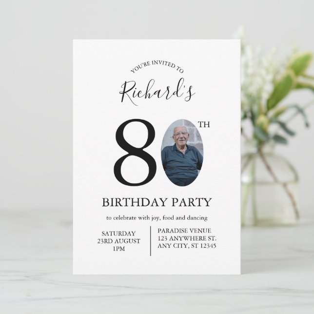 Invitación Modern Minimalist 80th Birthday Photo (Anverso de pie)