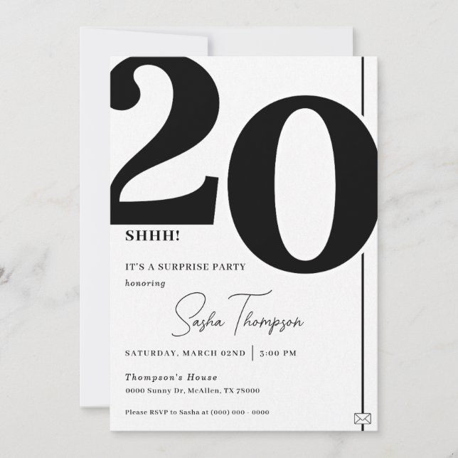 Invitación Modern minimalist black 20th birthday invitation (Anverso)