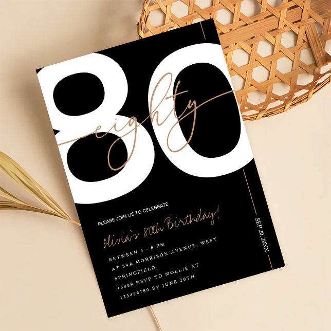 Invitación Modern Minimalist Black & Gold 80th Birthday Party (Subido por el creador)
