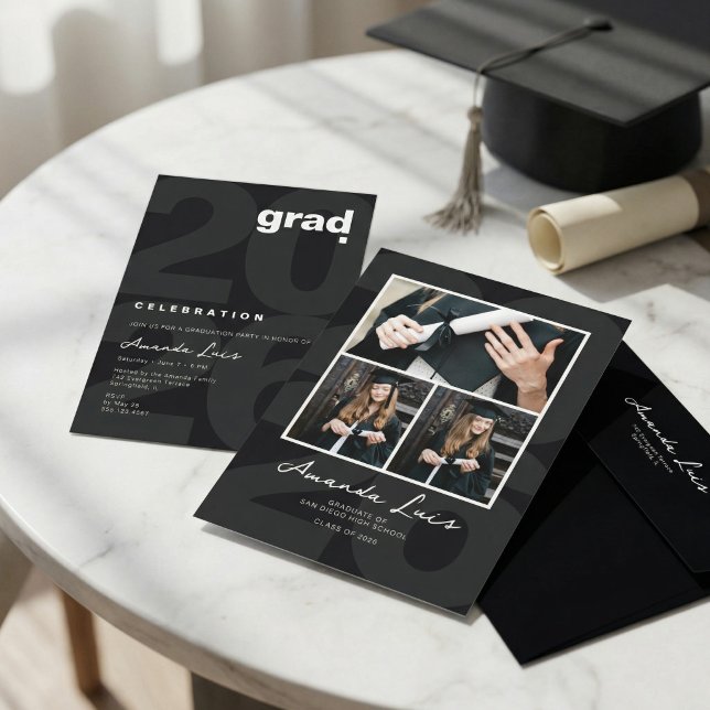 Invitación Modern Minimalist Black Graduation Photo Collage   (Subido por el creador)