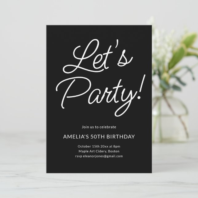Invitación Modern Minimalist Black Script Birthday Party Chic (Anverso de pie)