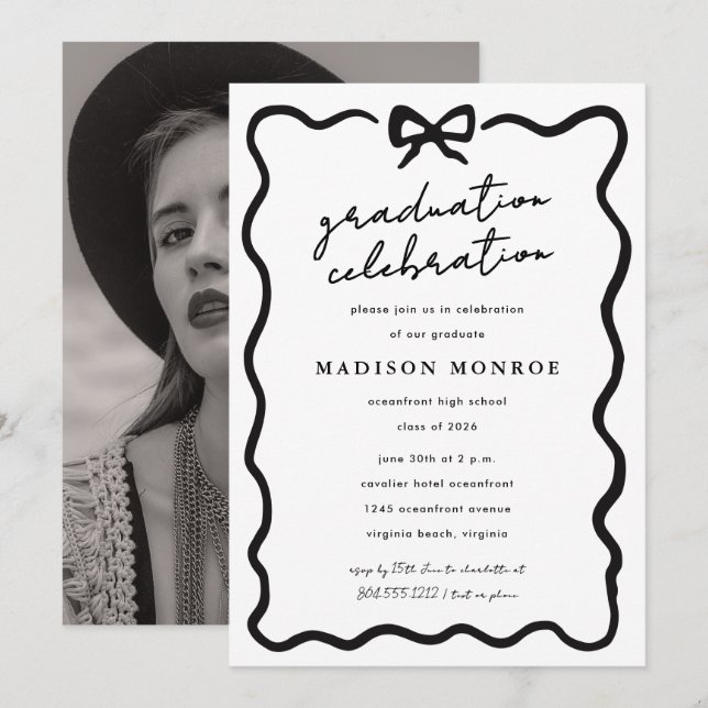 Invitación Modern Minimalist Black White Bow Photo Graduation (Anverso / Reverso)