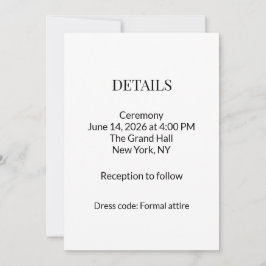 Invitación Modern Minimalist Black White Wedding Details Card
