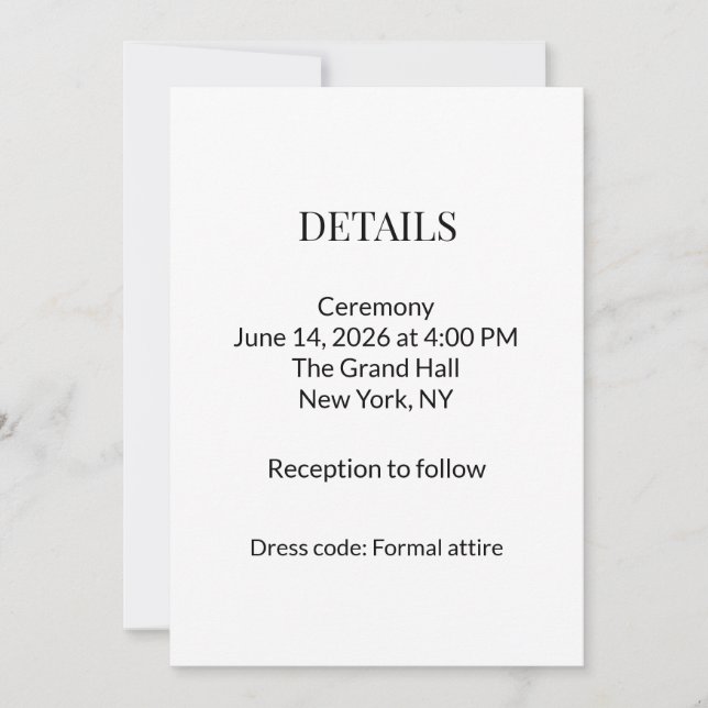 Invitación Modern Minimalist Black White Wedding Details Card (Anverso)