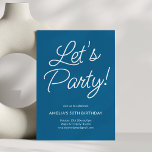 Invitación Modern Minimalist Blue Birthday Party Chic<br><div class="desc">This birthday party invitation features playful script lettering on a blue background for a bold yet elegant look. The flowing typography feels celebratory while staying clean and modern. A versatile design that works beautifully for milestone birthdays,  cocktail parties,  or festive gatherings.</div>