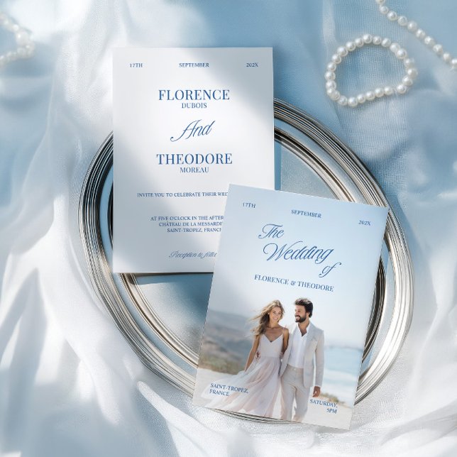 Invitación Modern Minimalist Blue & White Photo Wedding (Modern Minimalist Blue & White Photo Wedding Invitation)