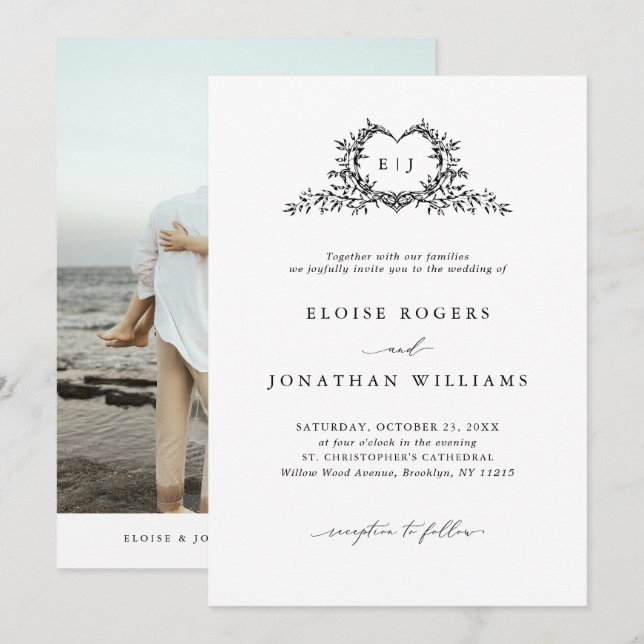 Invitación Modern Minimalist Calligraphy Crest Photo Wedding (Anverso / Reverso)