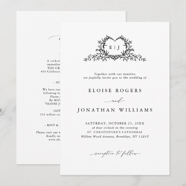 Invitación Modern Minimalist Chic Calligraphy Crest Wedding (Anverso / Reverso)