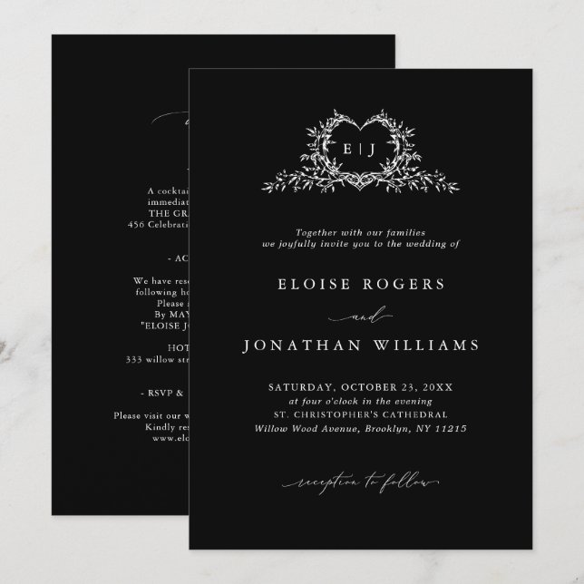 Invitación Modern Minimalist Chic Calligraphy Crest Wedding (Anverso / Reverso)