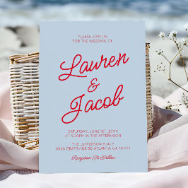 Invitación Modern Minimalist Coastal Blue Red Wedding