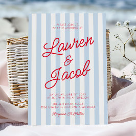 Invitación Modern Minimalist Coastal Red Blue Stripes Wedding
