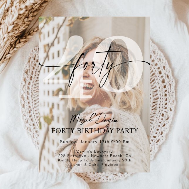 Invitación Modern Minimalist FORTY 40th Birthday Party Photo  (Subido por el creador)