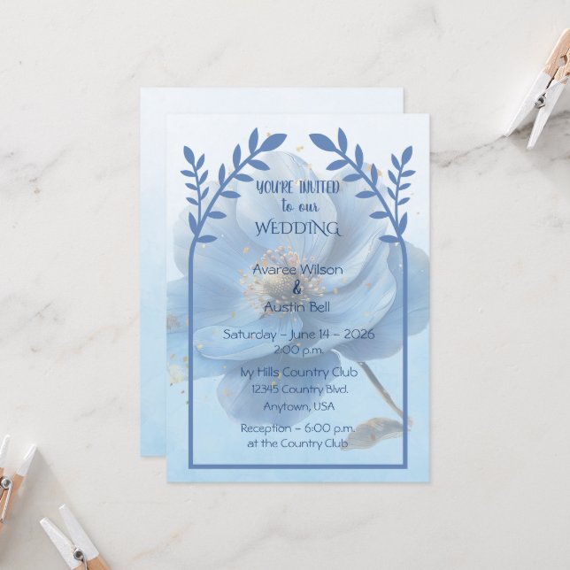 Invitación Modern Minimalist Gold and Blue Poppy Wedding   (Anverso/Reverso In Situ)