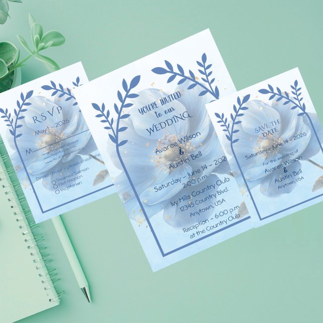 Invitación Modern Minimalist Gold and Blue Poppy Wedding   (Subido por el creador)