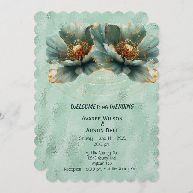 Invitación Modern Minimalist Gold and Emerald Wedding  (Anverso / Reverso)