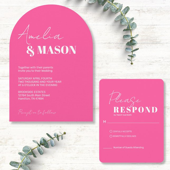 Invitación Modern Minimalist Hot Pink and White Arch Wedding (Modern Minimalist Hot Pink and White Arch Wedding Invitation Shown with RSVP sold separately )