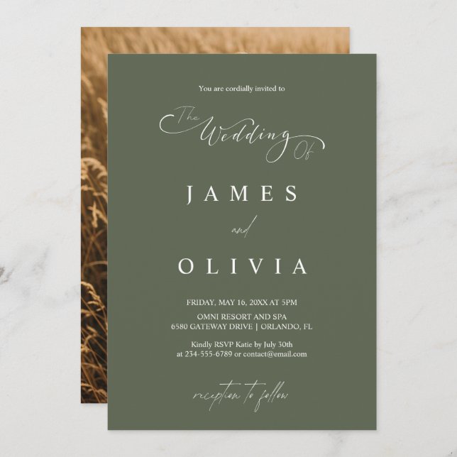 Invitación Modern Minimalist Olive Green Photo Wedding Invita (Anverso / Reverso)