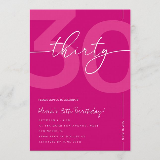 Invitación Modern Minimalist Pink 30th Birthday Party (Anverso)