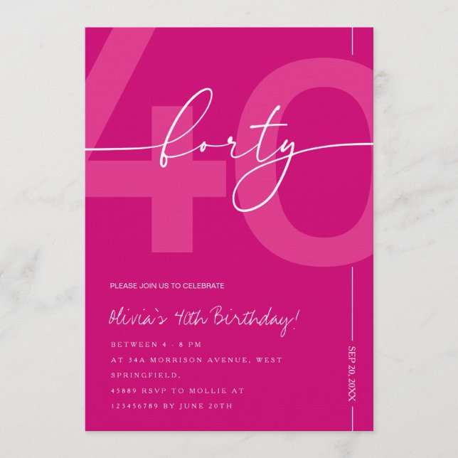 Invitación Modern Minimalist Pink 40th Birthday Party (Anverso)