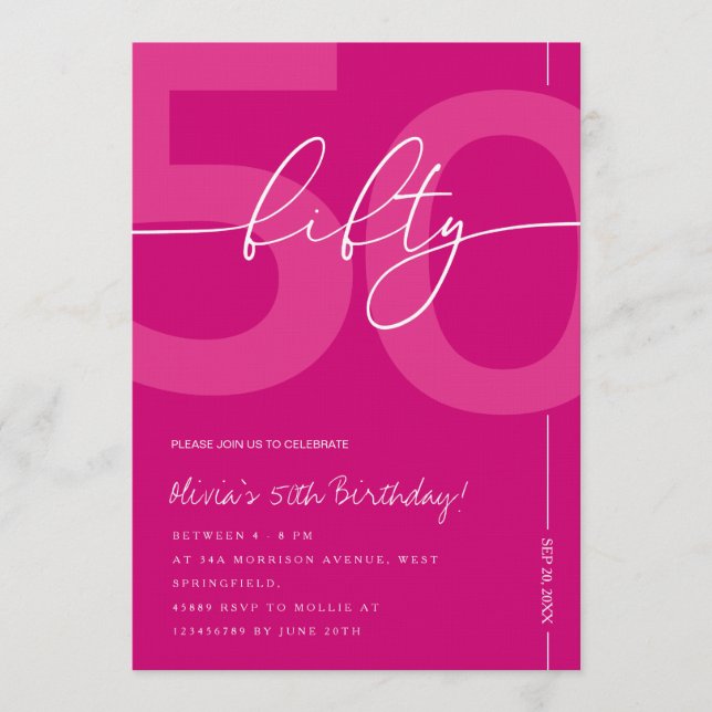 Invitación Modern Minimalist Pink 50th Birthday Party (Anverso)