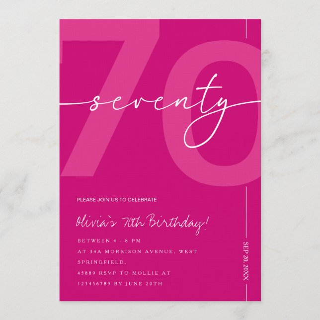 Invitación Modern Minimalist Pink 70th Birthday Party (Anverso)