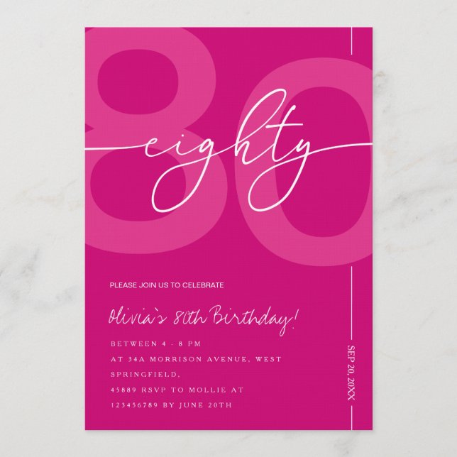Invitación Modern Minimalist Pink 80th Birthday Party (Anverso)