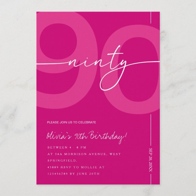 Invitación Modern Minimalist Pink 90th Birthday Party (Anverso)