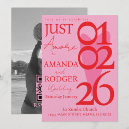 Invitación Modern Minimalist Red Pink Heart Photo Wedding