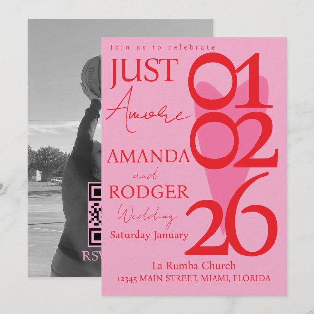Invitación Modern Minimalist Red Pink Heart Photo Wedding (Anverso / Reverso)